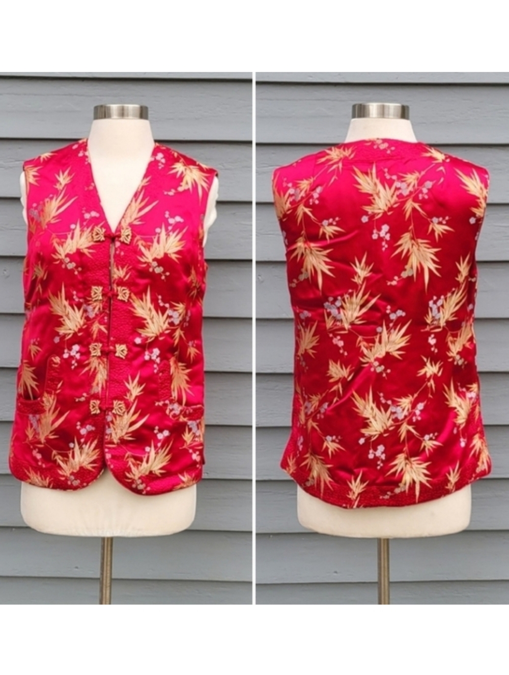100% Silk Cheongsam Qipao Reversible Red Burgundy Floral Oriental Padded Vest Md